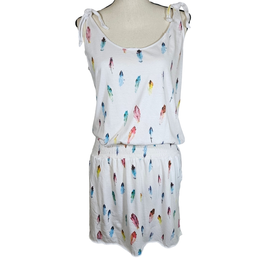 Swildens Beach Cover Up Dress, White W/ Colorful Feathers, Small